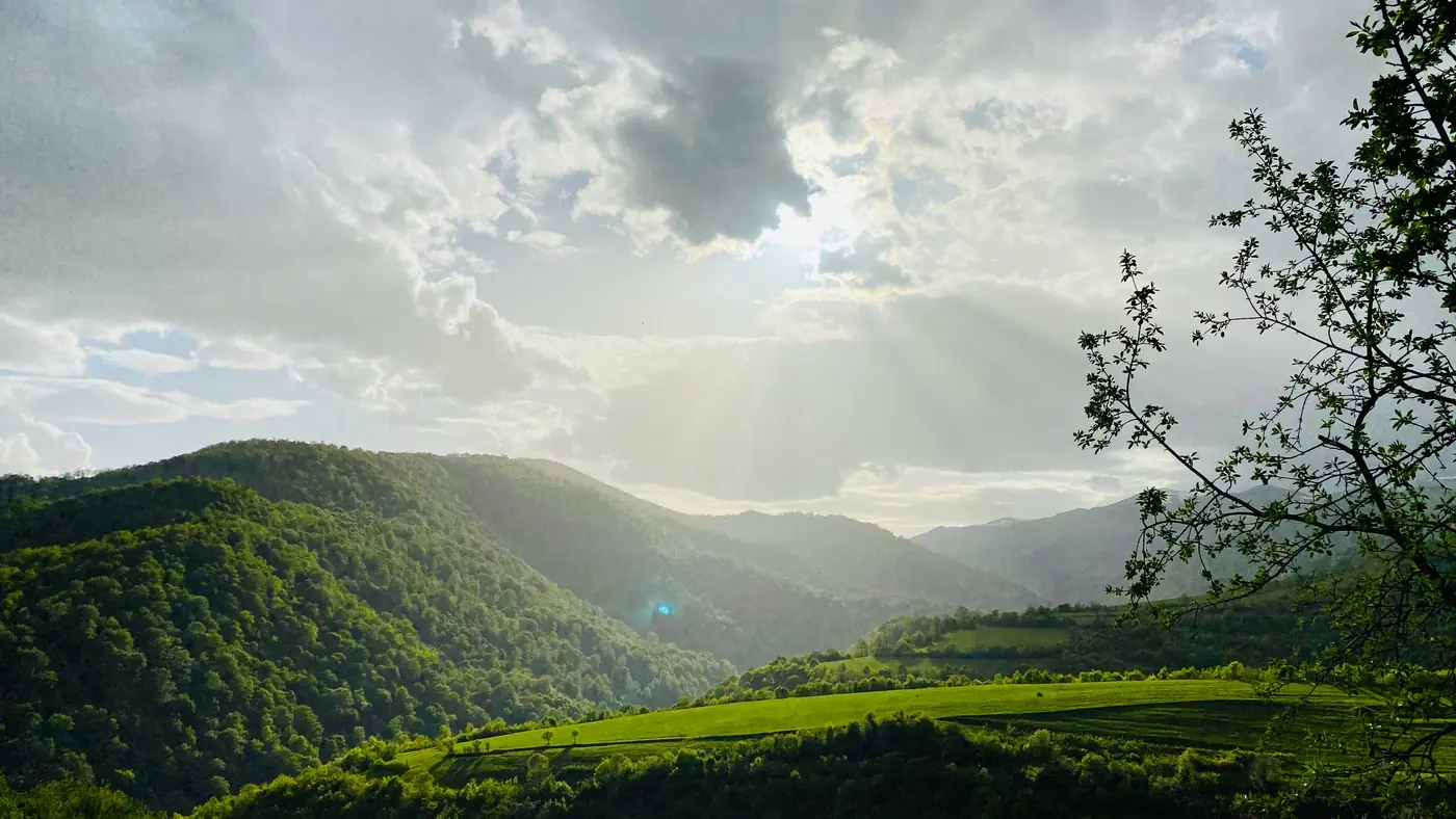 Wooded ridges and hay meadows with light coming through broken cloud