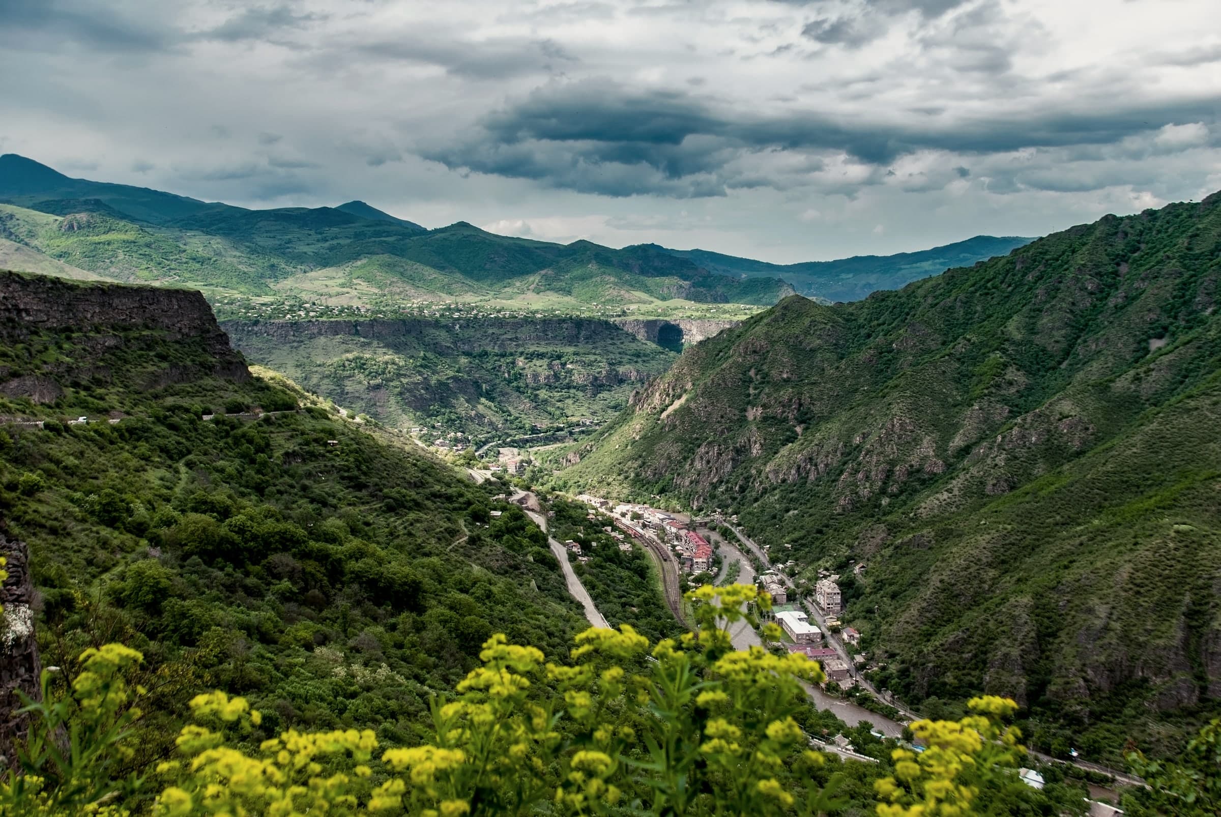 The Debed canyon from above, the town of Alaverdi strung along the river between steep green slopes